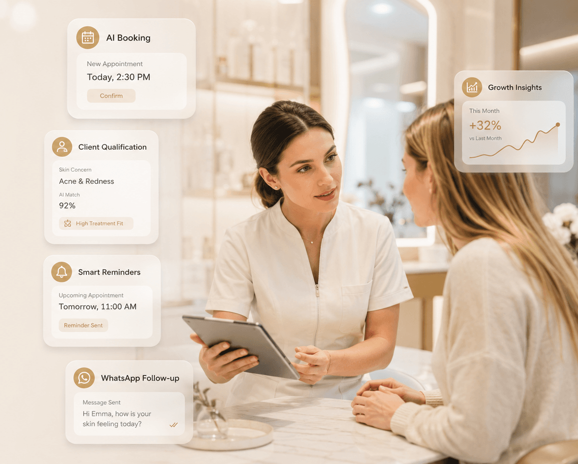 Mobile booking app interface showing WhatsApp Business Integration and AI-powered patient service for medical beauty clinics
